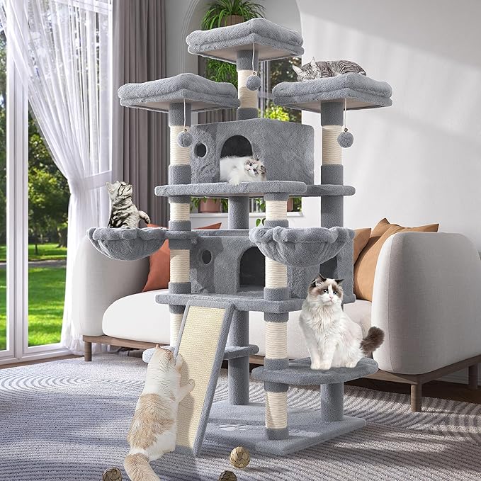 WEEWAY 68 Inches Multi-Level Large Cat Tree for Feline‌/Big Tower/Condo/Cozy Plush Kitty Perches/Fluffy Balls/Sisal Scratching Posts and Hammocks/Cave/Furniture Activity Center/Grey