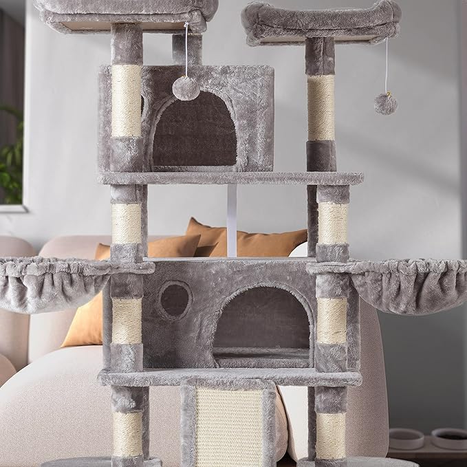 WEEWAY 68 Inches Multi-Level Large Cat Tree for Feline‌/Big Tower/Condo/Cozy Plush Kitty Perches/Fluffy Balls/Sisal Scratching Posts and Hammocks/Cave/Furniture Activity Center/Grey