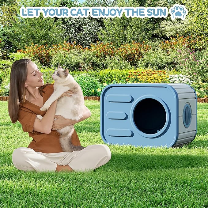 NUNU LAB Plastic Cat House Outdoor, Cats House for Indoor, Weatherproof Cat House, Camera Shaped Design, with Escape Door, for Small to Medium Cats (Blue)