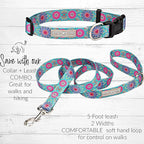 Lucky Love Dog, Boho Chic Matching Dog Collar and Leash Set, Vivid Pink and Turquoise Collar and Leash for Dogs, Soft, Adjustable, Safe for Training and Walking - (X-Small, Clara Combo)