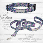 Lucky Love Dog, Matching Dog Collar & Leash Set for Female Dogs, Soft, Adjustable, Safe for Training and Walking, Black & Purple Floral Print, Primrose Combo, X-Small