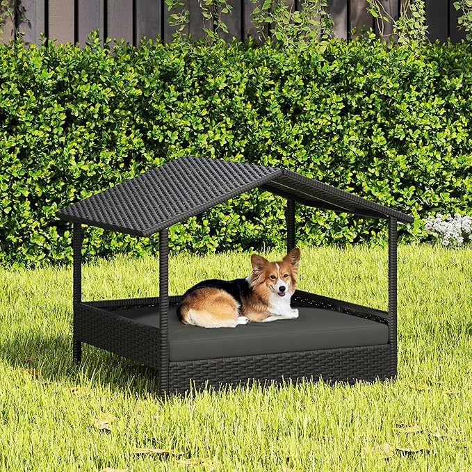 Yaheetech Wicker Dog House Outdoor Indoor with Canopy, Elevated Dog Shelter Dog Bed with Cushion for Small/Medium Dogs, Shade for Deck, Patio, Yard, Pool, Black House, Gray Cushion